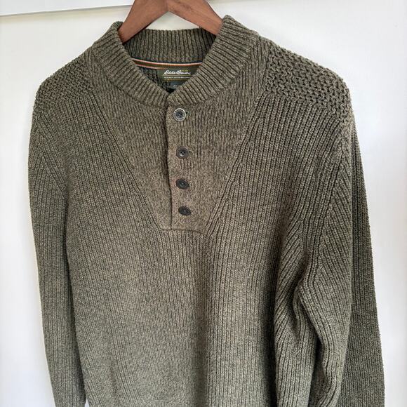 Eddie Bauer Fisherman's Olive Green Knit Sweater Men's Large Pullover Button - Picture 3 of 6